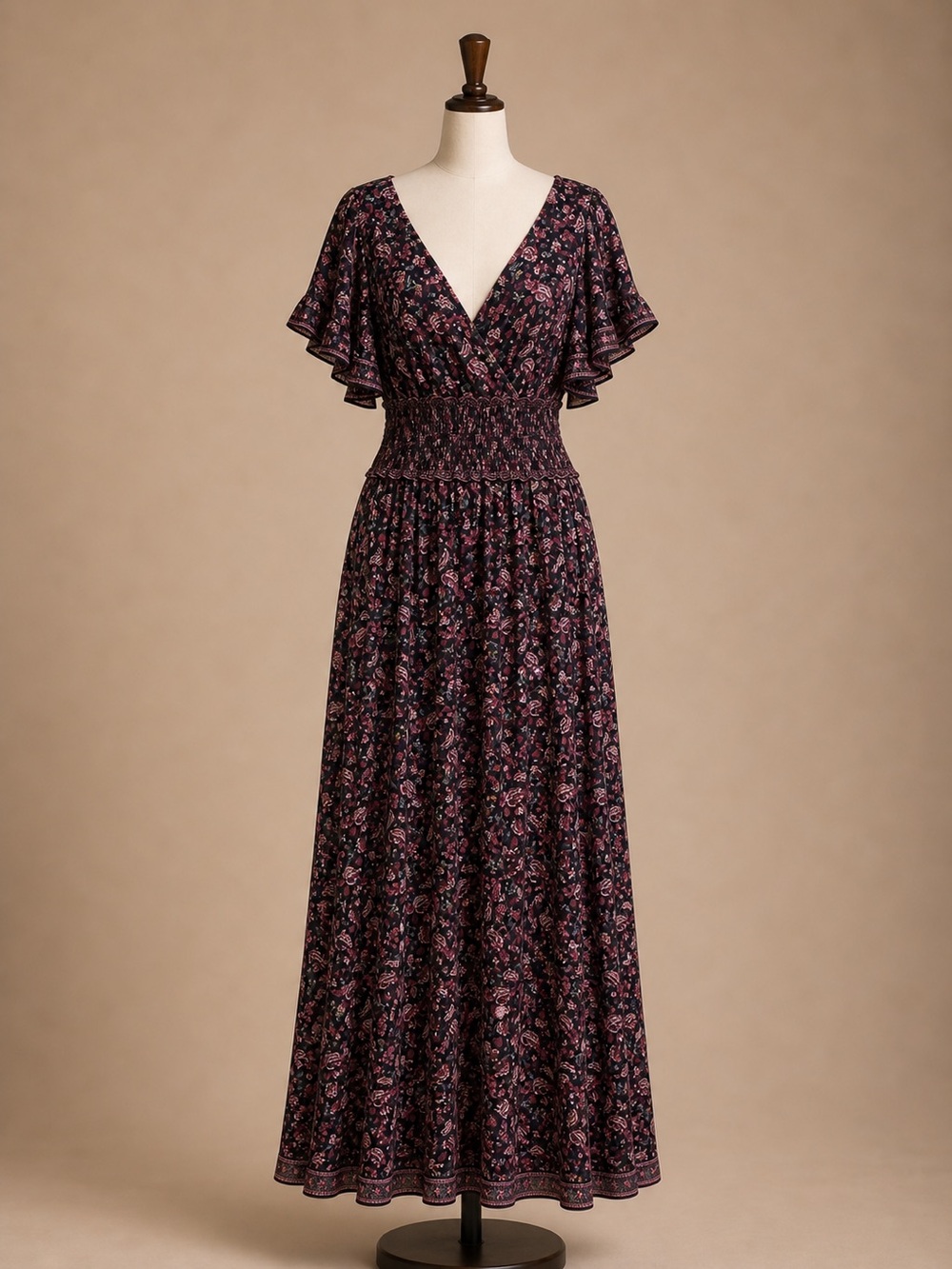 Max Studio Plum Floral V-Neck Smocked Maxi Dress
